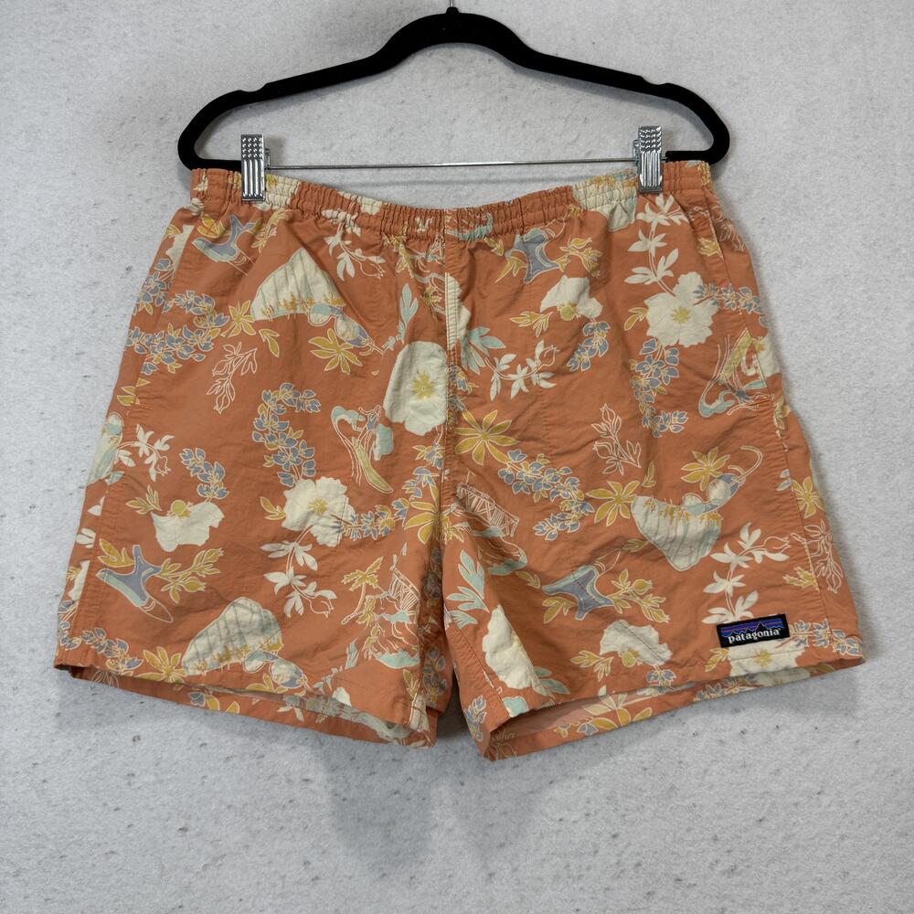 Patagonia Shorts Mens Medium Orange Floral Swim Trunks Mesh Lined Netplus Shells